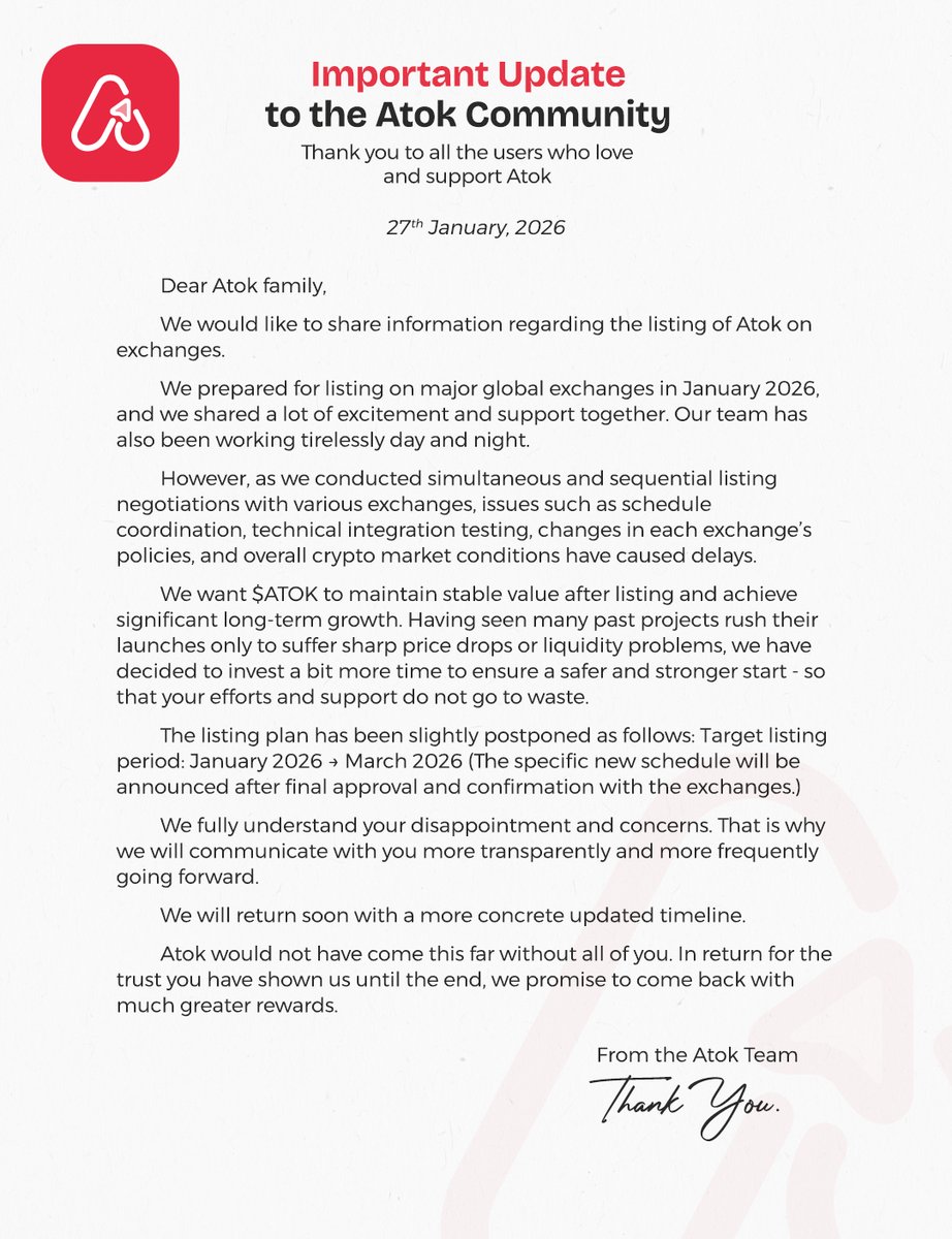 📢 Important Update for the Atok Community
Thank you to all the users who love and support Atok.

We would like to share information regarding the listing of Atok on exchanges.

We prepared for listing on major global exchanges in January 2026, and we shared a lot of excitement