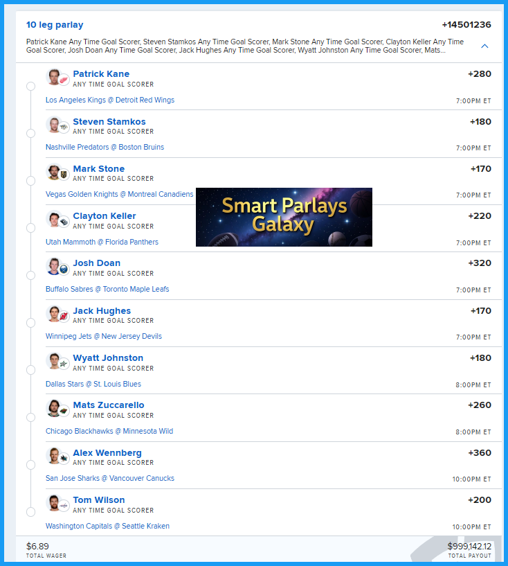 SmartParlayGLXY's tweet photo. I took a little pause… now I’m back with a MILLY PARLAY 🏒🔥
10-leg ATGS lotto ticket 🎯✅
⭐ #PatrickKane
⭐ #StevenStamkos
⭐ #MarkStone
⭐ #ClaytonKeller
⭐ #JoshDoan
⭐ #JackHughes
⭐ #WyattJohnston
⭐ #MatsZuccarello
⭐ #AlexWennberg
⭐ #TomWilson
Stake - $6.89 💰
To win - $999,142.12 🚀💸
IF THIS WINS ✅ I’m dropping a $9,000 GIVEAWAY 💥💰
Like + Repost + Comment “MILLY” to enter
If you like on-chain betting, join @DGbet_official
and tail my plays 👇
https://t.co/KsAAAiyTjk
#NHL #NHLBets #Hockey #SportsBetting #MillyParlay #Parlay #GoalScorer #ATGS #OnChain #CryptoBetting #Blockchain #Web3 #SmartParlaysGalaxy #DGBet