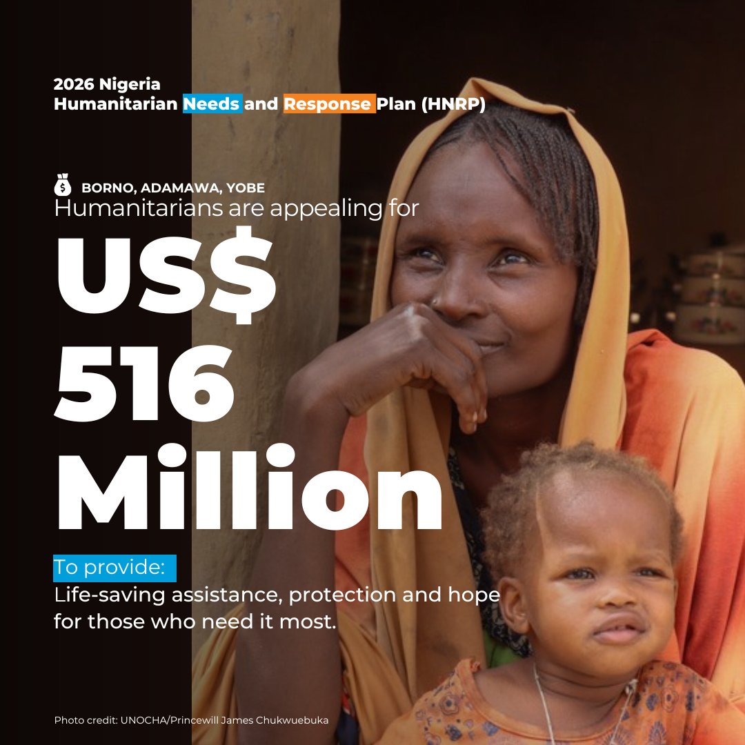 #87MillionLives globally need lifesaving assistance in 2026. 

2.5Million of them are in Borno, Adamawa and Yobe states of northeast Nigeria.   

Humanitarians in Nigeria need US $516M to meet their most urgent needs.   

You can help▶️bit.ly/Supportnorth-e…