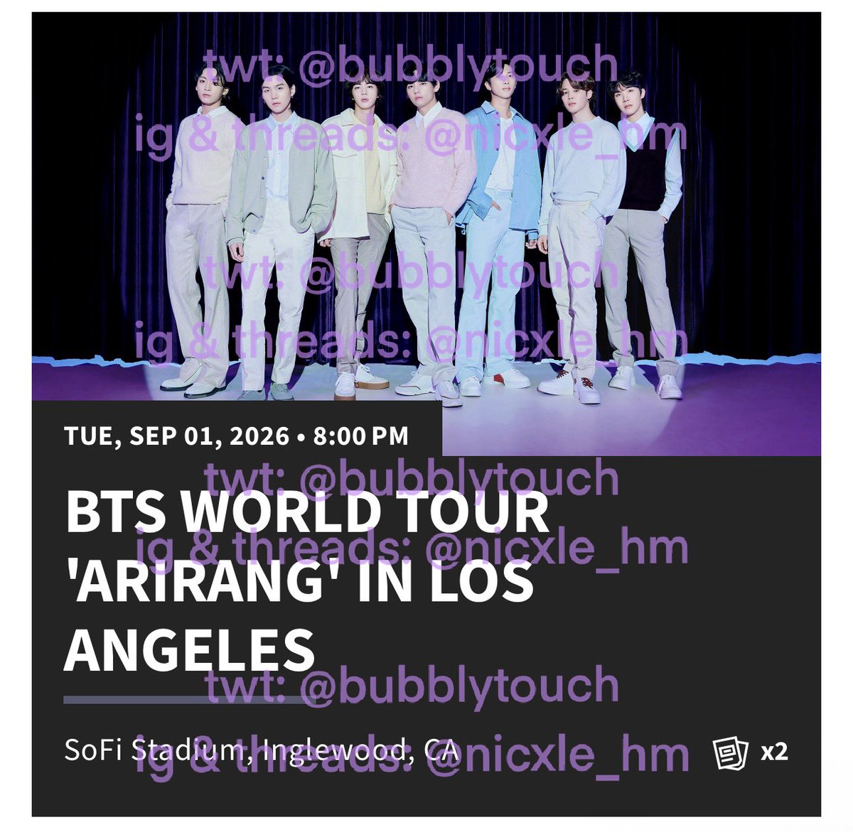 bubblytouch's tweet photo. WTS
want to sell my two spare bts tickets for the Day 1 LA Show (jk’s bday) , they’re right next to eachother, in the 100’s section, selling at best offer, dm for more info + proof. ONLY SELLING BOTH. dm thru twt or ig/threads. #BTS_WORLDTOUR_LA #ARIRANGTour https://t.co/mhN0C0zJpT