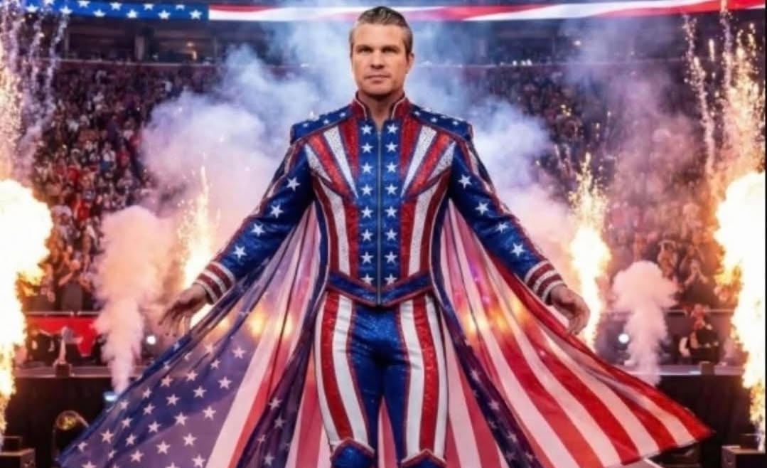 glenn_tunes's tweet image. This AI Photo posted by a MAGA account is supposed to make Hegseth look like a strong superhero 🙄 but all i see is liberace's secret love child 🤣🙄🤦