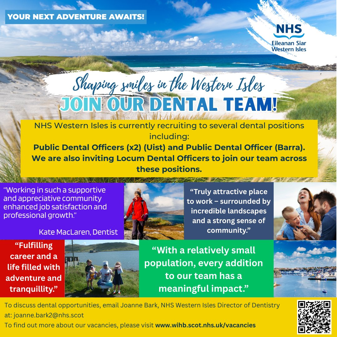 NHSWI's tweet image. Shape Smiles in Uist and Barra – Join Our #Dental Team!

Ready for a #career move that offers more than just a job? We’re #recruiting permanent and locum Dental Officers to support vital services across the beautiful islands of #Uist and #Barra.
Contact: joanne.bark2@nhs.scot.