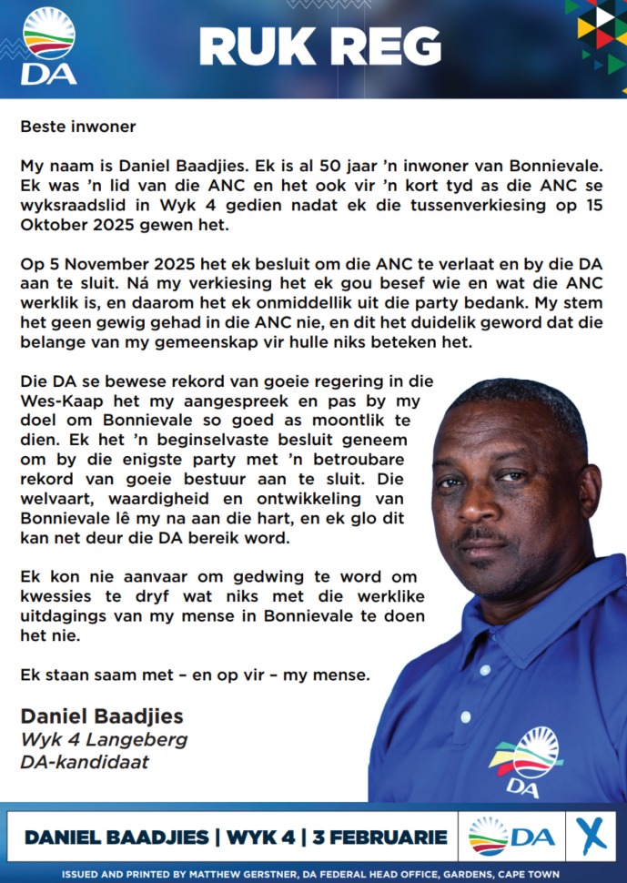 WesternCapeDA's tweet image. 🎯Daniel Baadjies, ’n jarelange inwoner van Bonnievale, het die ANC verlaat toe sy gemeenskap se stem nie meer getel het nie.

Hy is die DA-kandidaat vir die Langeberg Wyk 4 tussenverkiesing op 3 Feb.

Op 3 Februarie is daar ’n beter keuse. #StemDA 💙