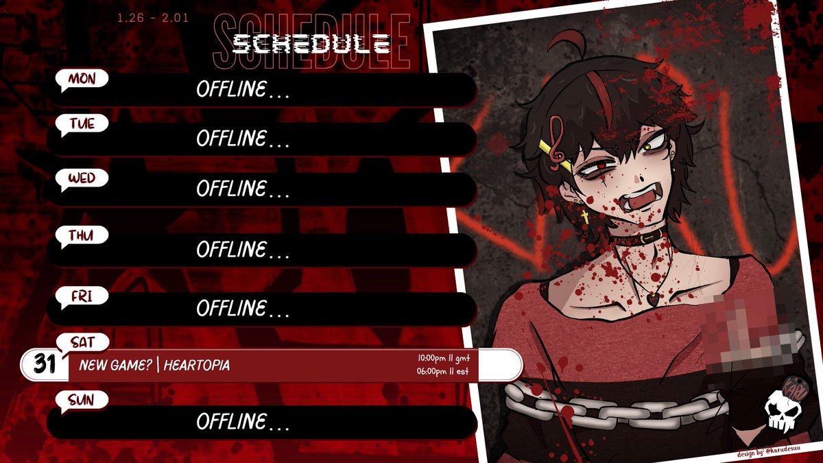 Here's the schedule for this week! There's a chance that I may move the stream in the next day. Stay tuned...

#karulive #vtuber #envtuber #phvtuber