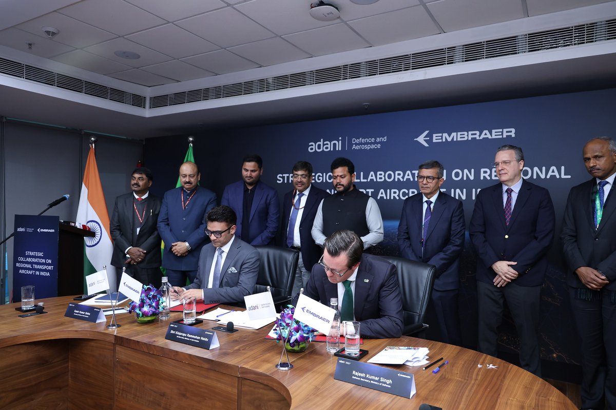 embraer's tweet photo. NEWS | Embraer and Adani Defence &amp; Aerospace announce strategic partnership to establish regional transport aircraft ecosystem in India. Read full news: https://t.co/Y46avJV9Gg https://t.co/o0pjvIfVEd