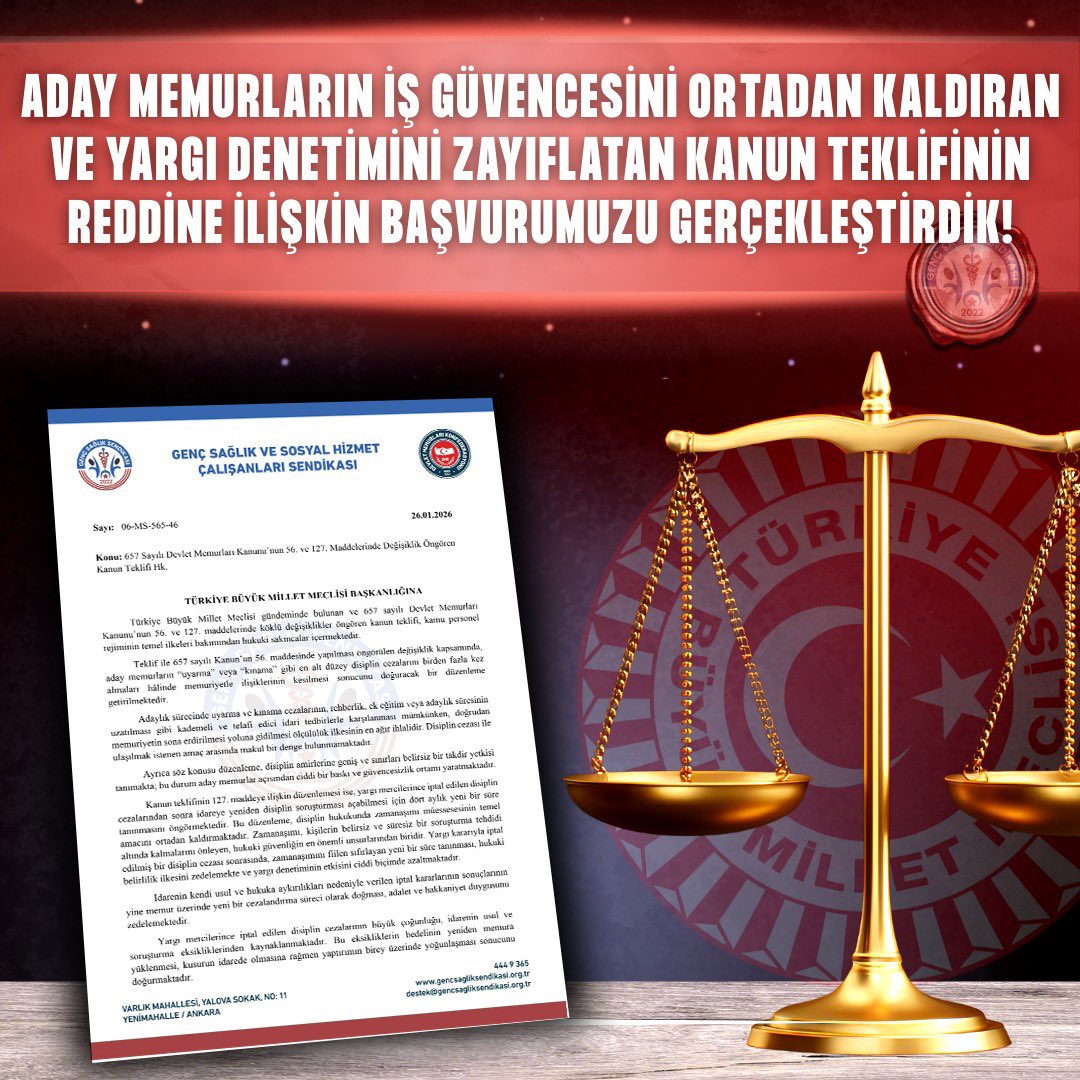 Aday Memurların İş Güvencesini Ortadan Kaldıran ve Yargı Denetimini Zayıflatan Kanun Teklifinin Reddine İlişkin Başvurumuzu Gerçekleştirdik !

Aday memurların geleceğini belirsizliğe sürükleyen, en basit disiplin cezalarını dahi meslekten çıkarma tehdidine dönüştüren kanun