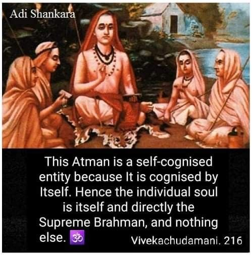 Adi Shankaracharya

The image displays a painting of the Indian philosopher and theologian Adi Shankaracharya with his disciples, accompanied by a quote attributed to him from the text Vivekachudamani. The quote discusses the nature of the self (Atman) and its relationship to the