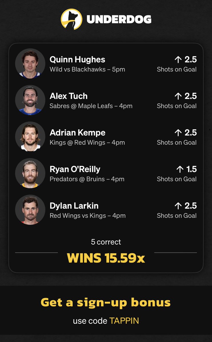 15.6x NHL Shots On Goal 5 Pick Lineup

🚨 O’Reilly O 1.5

🚨 Tuch O 2.5

🚨 Hughes O 2.5

🚨 Kempe O 2.5

🚨 Larkin O 2.5

TAPP In &amp; Win

play.underdogfantasy.com/es-5f5if3pVnh