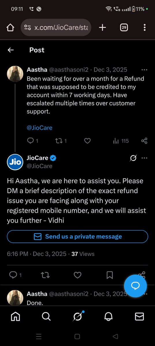 aasthasoni2's tweet photo. @JioCare
Can you please review this? This is how the customer support is resolving queries. By copy pasting the same response. They're not even reading the issue. Around a 100 days for a refund that was supposed to be credited within 7 days. I will be filing a complaint. Shame! https://t.co/I8N9tucF9u