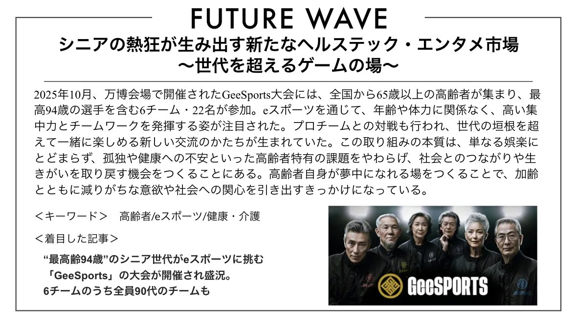 リハビリ・介護・医療とeスポーツを組み合わせた健康支援が拡大。
#FutureWave #eスポーツ #リハビリ