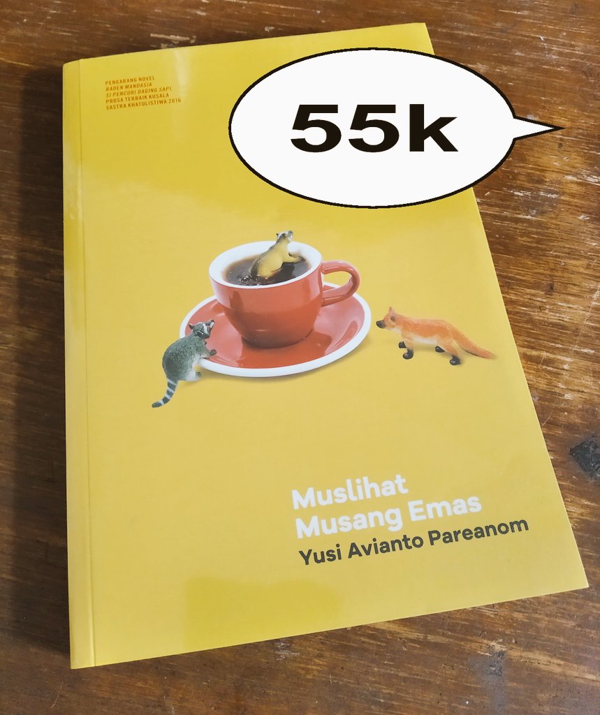 WTS preloved Muslihat Musang Emas karya Yusi Avianto Pareanom.

- ada sedikit bercak kuning tp kertas masih mulus &amp; tidak ada coretan kecuali nama + TTD
- bersampul plastik
- pengiriman manual tanpa market place
- untuk tanya² silakan reply saja.

RTs &amp; likes much appreciated 🙏🏻.