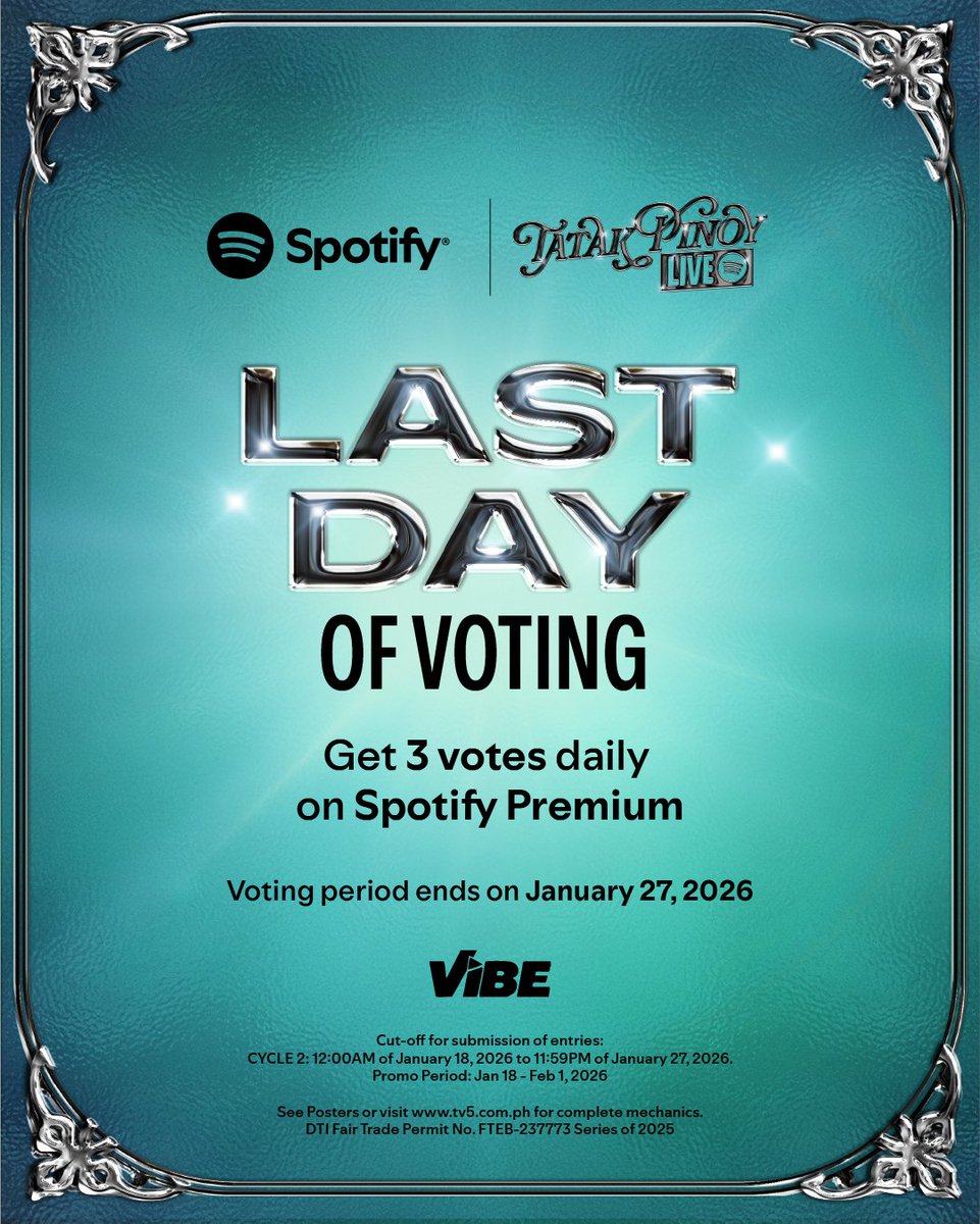 SpotifyPH's tweet image. Last chance to vote for the Headliner you want to see on Tatak Pinoy Live on Vibe! 
🎧 Vote on the “Vibe with Tatak Pinoy” playlist on Spotify
🔁 Get 1x vote per day
💚 Get 3x votes per day on Premium
🗓️ Voting period is from Jan 18-27 

#SpotifyTatakPinoyLIVE #VibePH