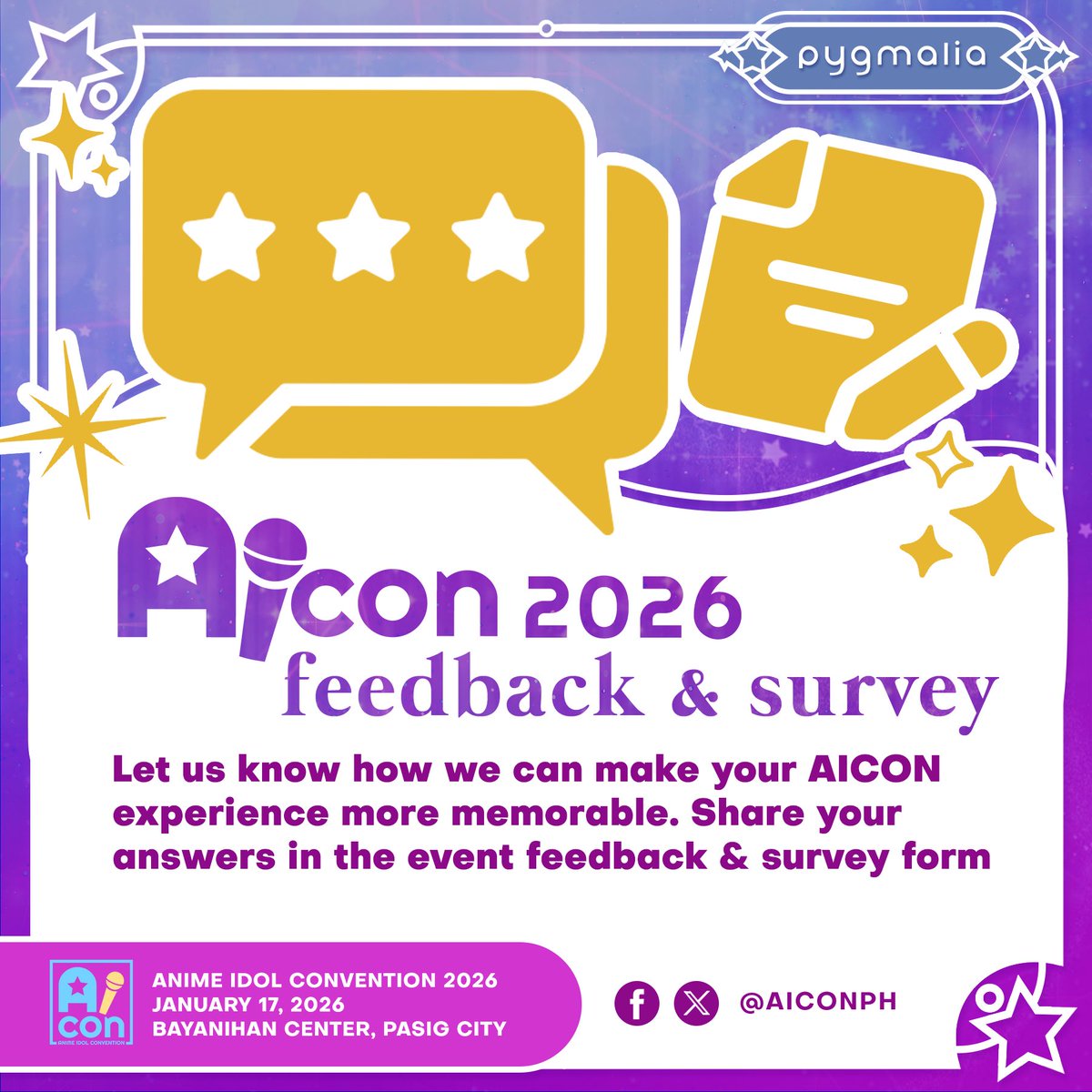 AIConPH's tweet photo. Can't get enough of AICON? Please share your experience at the event with us. Let us know what we can improve to make AICon more magical for YOU!🌟

Anime Idol Convention 2026 Feedback and Survey Form: https://t.co/1OxAWKSpqM

#AnimeIdolConvention #AIConPH #AIConPH2026 #AICon2026 https://t.co/FjplT7PbVj