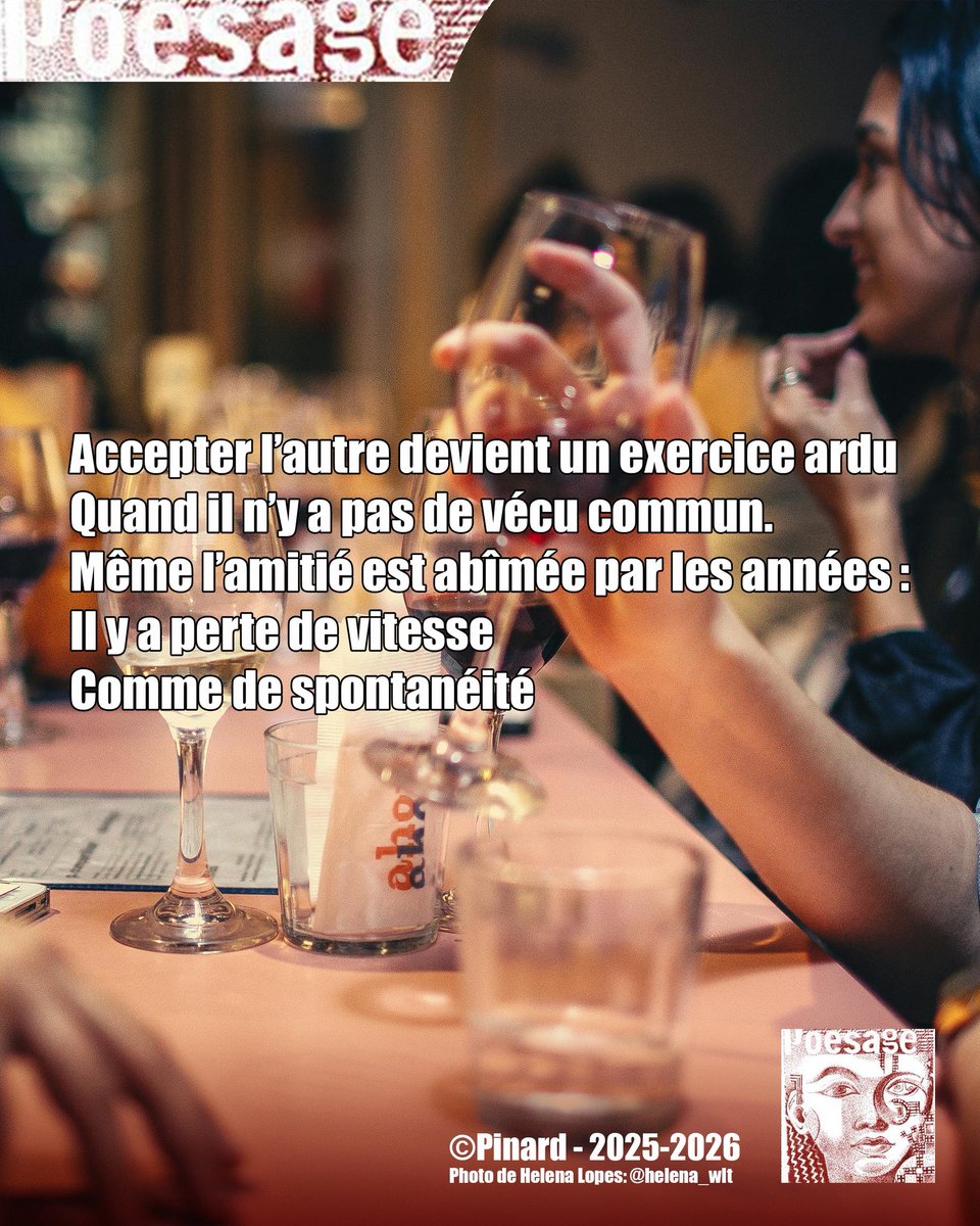 poesage_27's tweet image. Accepter l’autre devient un exercice ardu
Quand il n’y a pas de vécu commun.
Même l’amitié est abîmée par les années
Il y a perte de vitesse
Comme de spontanéité

©Pinard  - 2025-2026
Photo de Helena Lopes: @helena_wlt

#amities #amis #accepter #exercice #effort #vecu #commun