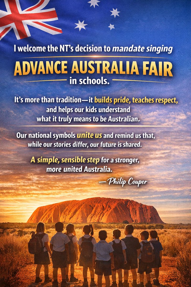 I fully support the NT’s decision to mandate the singing of our National Anthem in schools. 

This is about pride, respect, and helping kids understand what it means to be Australian 🇦🇺

Our national symbols unite us and reinforce shared values.