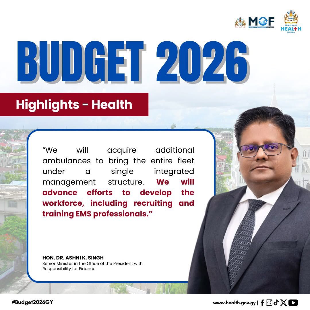 mohguyana's tweet photo. 𝐁𝐮𝐝𝐠𝐞𝐭 𝟐𝟎𝟐𝟔 𝐒𝐞𝐜𝐭𝐨𝐫 𝐇𝐢𝐠𝐡𝐥𝐢𝐠𝐡𝐭𝐬 | 𝐇𝐞𝐚𝐥𝐭𝐡

We’re expanding the ambulance fleet under one integrated system and investing in recruitment and training of EMS professionals.

#Budget2026GY #PublicHealthSector #GovernmentOfGuyana #parliament https://t.co/h3gURlA5JA