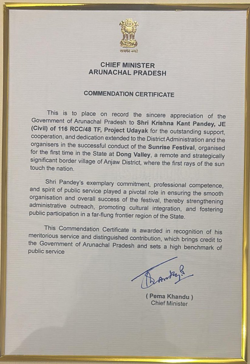 BROindia's tweet photo. #BROIndia
#ArunachalPradeshTourism 
#SunriseFestival #DongValley 

The Border Roads Organisation thanks the Hon’ble Chief Minister of Arunachal Pradesh, Shri @PemaKhanduBJP, for the Commendation Certificate awarded to Lt Col Abhay Pratap Singh Negi, Shri Devale Mahadev and Shri Krishna Kant Pandey @Project Udayak for outstanding support ensuring successful conduct of the Sunrise Festival at Dong Valley, a remote border region where the Sun rises first in India. 

Jai Hind.
@rajnathsingh 
@SethSanjayMP 
@PemaKhanduBJP 
@SpokespersonMoD 
@adgpi 
@ProAssam 
@PIB_India 
@ians_india 
@ANI