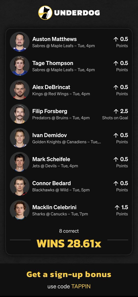 28x NHL 8 Pick Lineup

Used a $500 Max 60% VIP Profit Boost

Even without the profit boost this pays 18x

I’ve had this ready to fire off for tomorrow…

Can’t wait for a normal slate Tuesday-  today was garbage

TAPP In &amp; Win

play.underdogfantasy.com/es-sLZ9ghF6MV