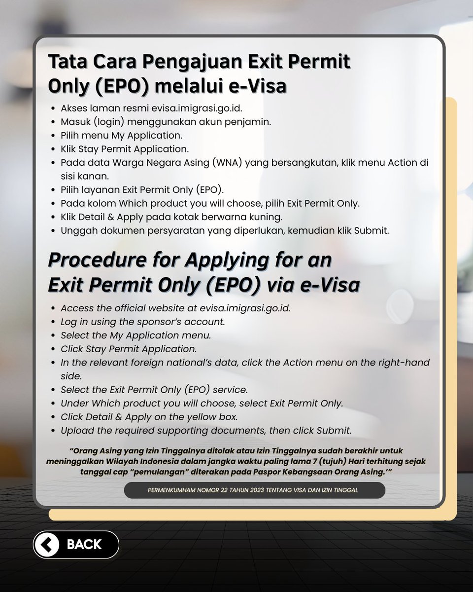 Hai Sobat Mido 👋
Bagi WNA yang akan meninggalkan Indonesia secara permanen, jangan lupa mengurus Exit Permit Only (EPO) di Imigrasi.
Agar perjalanan aman dan lancar, simak info berikut ya ✈️ #Kemenimipas #SetahunBerdampak #ImipasSetahunBergerakBerdampak #imipediakanimjaktim