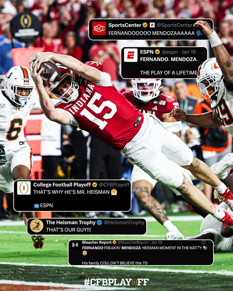 A week ago at this exact minute, Fernando Mendoza sent the College Football world into a frenzy😤

#CFBPlayoff #NationalChampionship