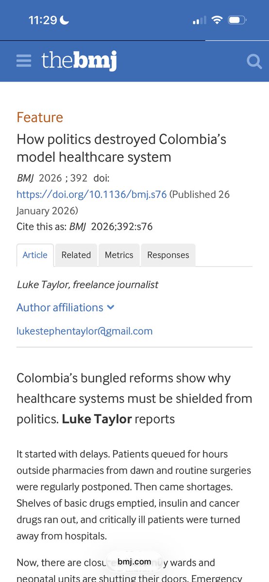 Hoy el British Medical Journal (Revista Británica de Medicina), una de las publicaciones académicas más importantes del mundo en temas de medicina, le dedica uno de sus editoriales a Colombia, explicando cómo la política del gobierno Petro destruyó un sistema de salud eficiente y