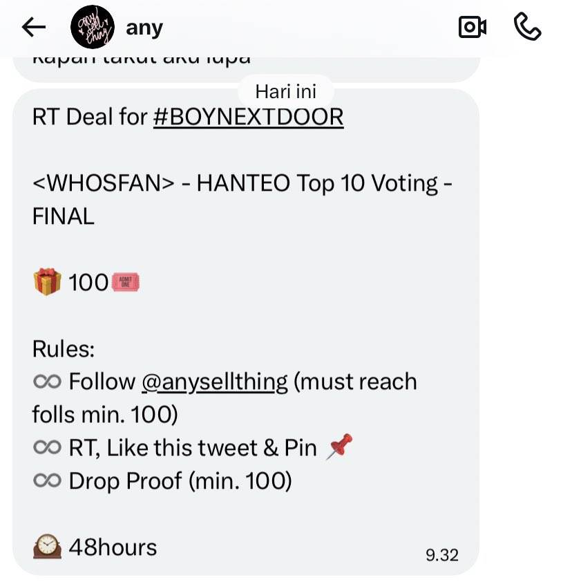 RT Deal for #BOYNEXTDOOR

<WHOSFAN> - HANTEO Top 10 Voting - FINAL

🎁 100🎟️

Rules:
♾️ Follow <a href="/anysellthing/">any</a> (must reach folls min. 100)
♾️ RT, Like this tweet &amp; Pin 📌
♾️ Drop Proof (min. 100)

🕰️ 48hours