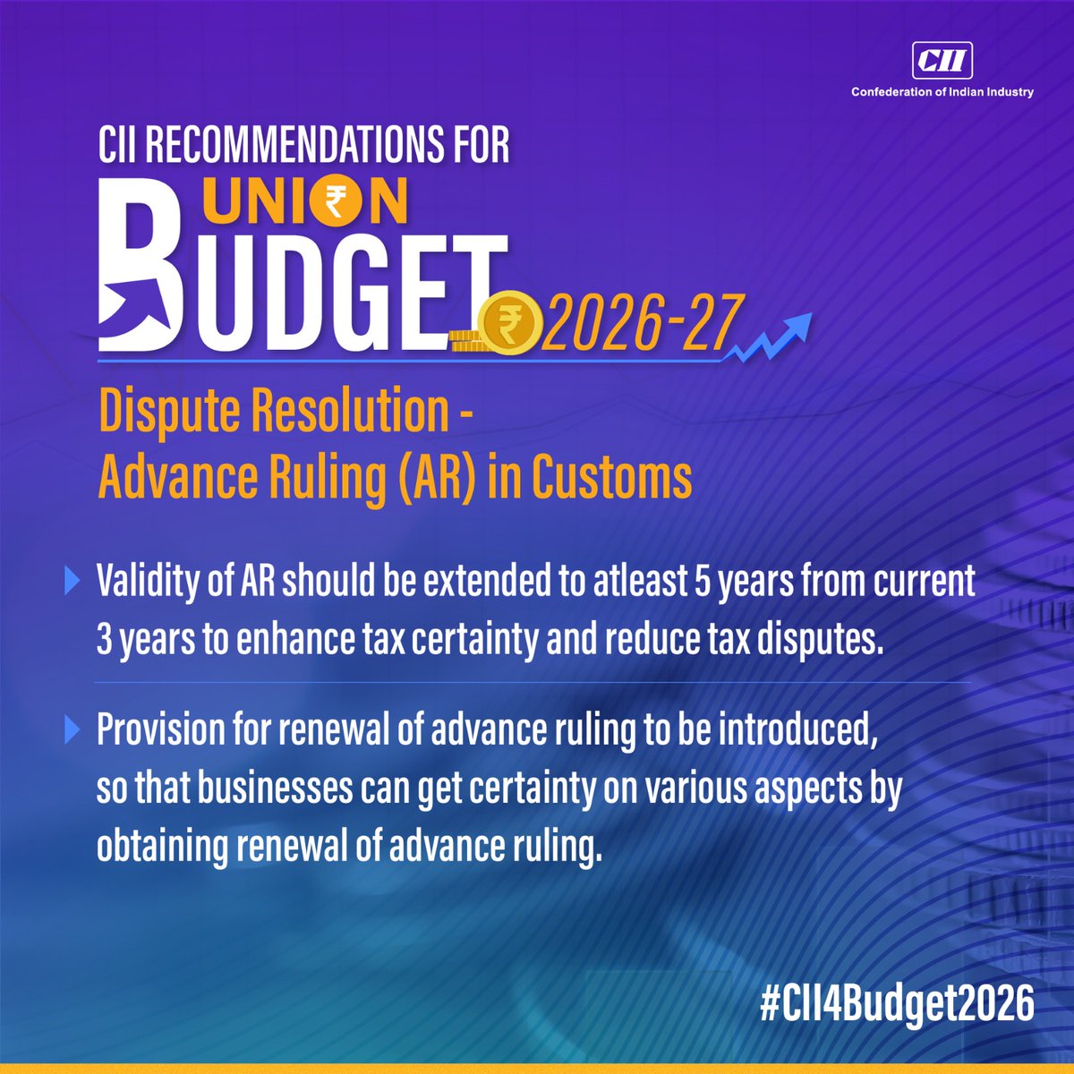 FollowCII's tweet photo. #CII4Budget2026➡️To provide greater certainty and enable reasonable mid-term business planning, #CIIrecommends that the validity of Advance Ruling (AR) be extended from three years to five years.
#BudgetForViksitBharat | #UnionBudget2026 |#CapitalGoods
@nsitharaman @FinMinIndia
