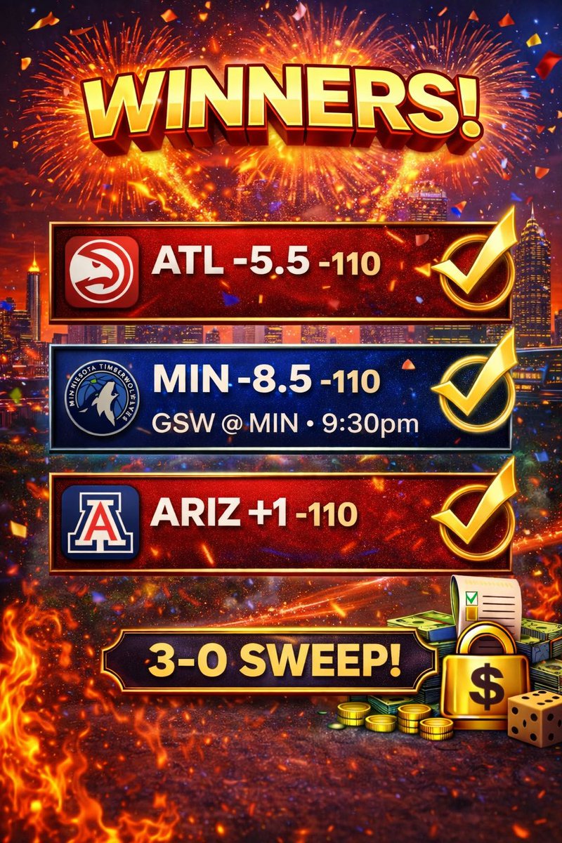 LockRushmore's tweet image. 3-0 Sweep on the day✅✅✅ Absolutely printing money and you are missing out. 

14-4 this week on CBB and NBA 🏀🏀

Like and Follow to get rich!!💸💸💵💵
#GamblingX #Bets #Hawks #Arizona #Timberwolves #NBA #NCAAB #CBB