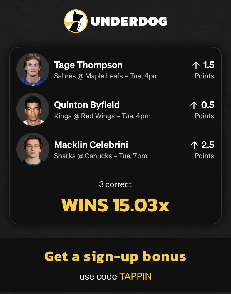 15x NHL 1-2-3 Lineup

3 Players. 1-2-3 Points. 15x

🚨 Byfield 1+ Points

🚨 Thompson 2+ Points

🚨 Celebrini 3+ Points

TAPP In &amp; Win

play.underdogfantasy.com/es-aCs5cc492G