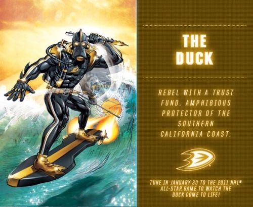 AnaDucksHistory's tweet photo. 1/27/2011: "The Duck" is unveiled as part of the #NHL's ill-fated #GuardianProject, partnered with Stan Lee. https://t.co/BYQ4Ou3M4L