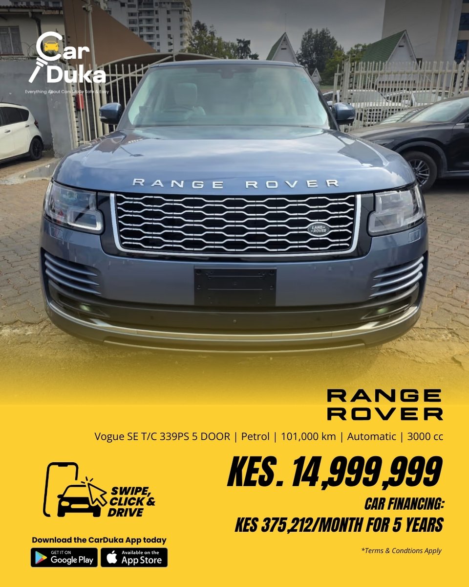 CarDukaKE's tweet photo. Refined luxury meets commanding presence — the 2020 Range Rover Vogue SE T/C 339PS is your ultimate SUV for style, power, and comfort. 🏞️✨

Features at a Glance
🔹 3.0L petrol engine with smooth automatic transmission
🔹 Elegant Pearl Blue exterior with premium leather interior
🔹 Advanced infotainment & multi-zone climate control
🔹 5-door versatility with spacious seating and cargo capacity
🔹 State-of-the-art safety and driver assistance technology

Price Options
💰 Cash: KES 14,999,999
💳 Finance: KES 375,212 per month for 5 years

📊 Specs | 101,000 kms | 3000 CC | Automatic | Petrol | Unregistered
Discover this luxury SUV on https://t.co/JiwJou1uEp or shop faster via the CarDuka App on Android & iOS.
#CarDuka #SwipeClickDrive #SwipeClickSell