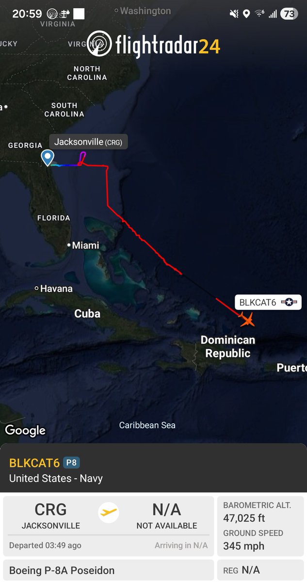 Borrowed7Time's tweet photo. US Navy MQ-4C Triton #AE682E as BLKCAT6 out of Jax, en route to the Caribbean for a night mission.

(This is not a P-8A)
@sipjack1776 @LatAmMilMVMTs @FlconEYES @LadyAstroJet https://t.co/BZxd4TTHY9