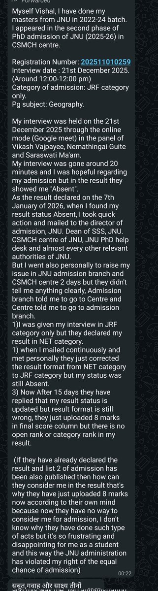 JNU में PHD के लिए इंटरव्यू देने वाले OBC  कैंडिडेट को जातिवादी प्रोफ़ेसरों ने 20 मिनट इंटरव्यू देने के बाद भी रिजल्ट्स में "Absent" दिखाया 🔥🔥🔥

नए #UGCRules पर दुखी होकर वीडियो बनाने वाले <a href="/Abhinav_Pan/">Abhinav Pandey</a> और <a href="/shubhankrmishra/">Shubhankar Mishra</a> क्या इस मुद्दे पर जातिगत शोषण के शिकार हुए JRF छात्र के