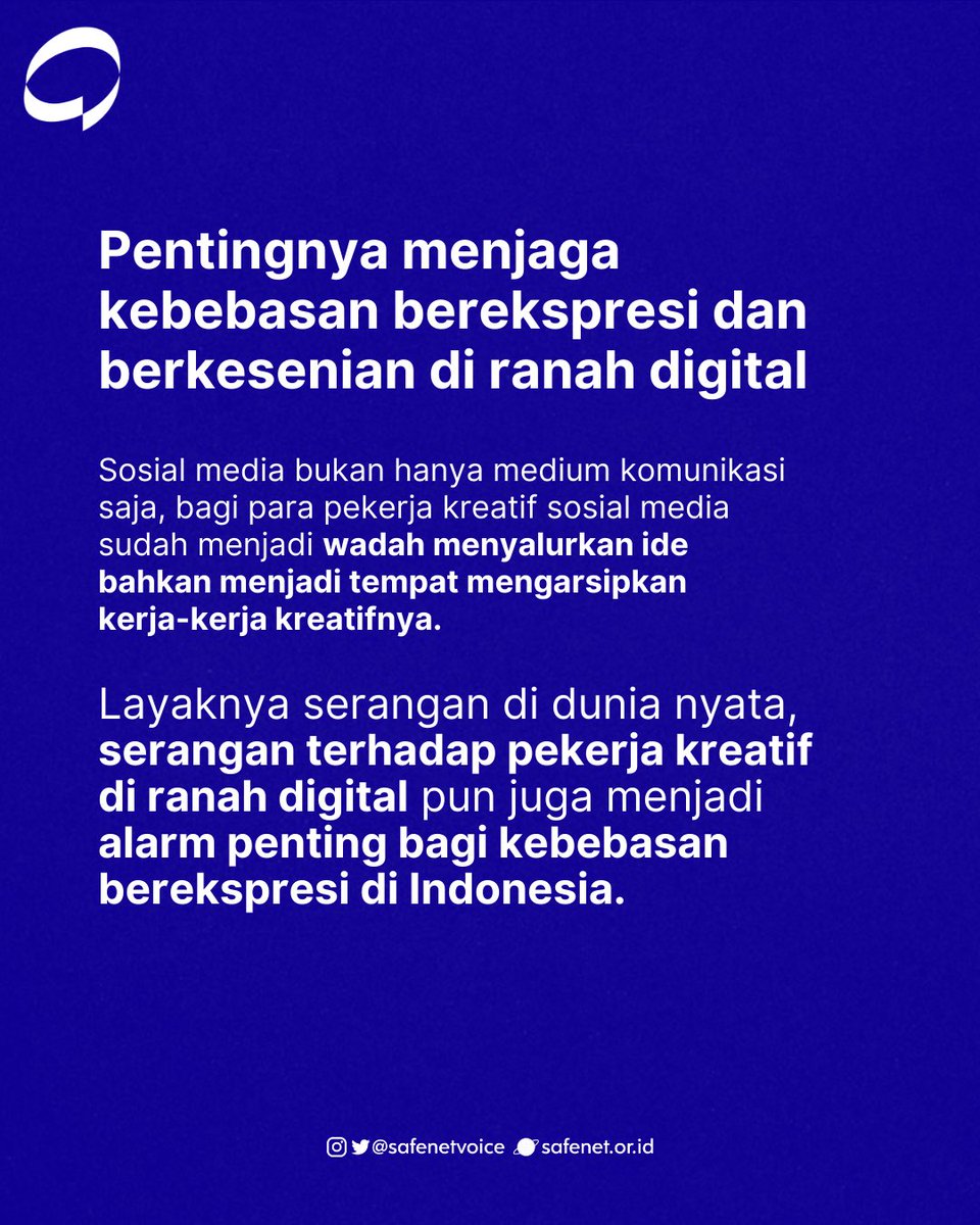 safenetvoice's tweet photo. Layaknya serangan di dunia nyata, serangan terhadap pekerja kreatif yang menyuarakan ekspresinya di ranah digital juga menjadi alarm penting bagi kebebasan berekspresi di Indonesia.
#InternetAmanBebasSetara #SAFEnet https://t.co/E7FyQm9Kza