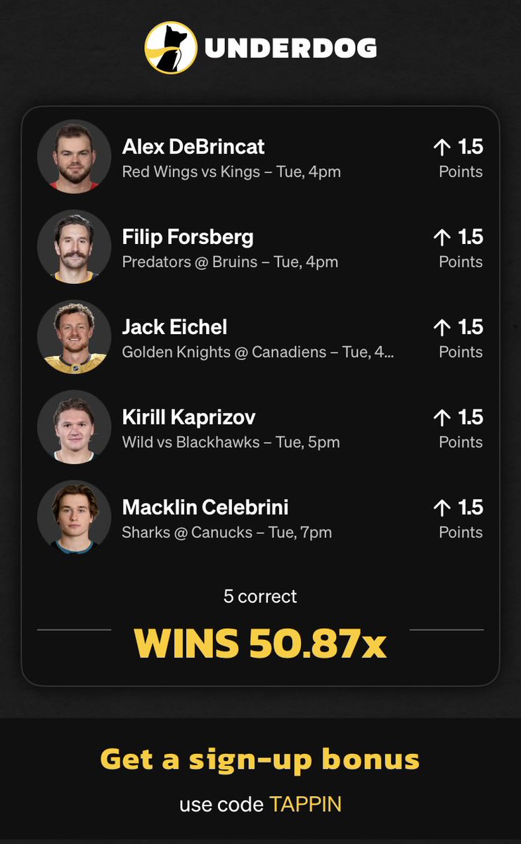 50x NHL 5 Pick Lineup

50x Lineups are hard to hit obviously…

But this lineup for tomorrow is your best chance…

2 or More Points Each By

🚨 Thompson

🚨 Eichel

🚨 Kaprizov

🚨 Forsberg

🚨 Celebrini

I didn’t -  but YOU SHOULD FLEX

TAPP In &amp; Win

play.underdogfantasy.com/es-EkEjD9O9ky