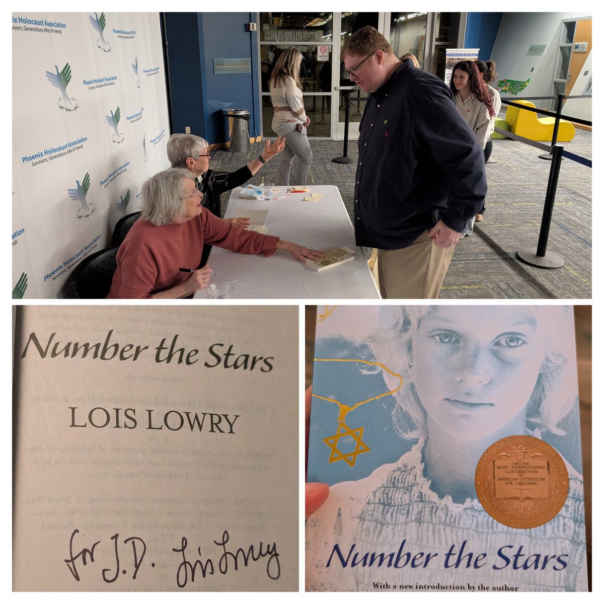 What a delight to hear #LoisLowry (author of The Giver) speak about her historical fiction book Number the Stars tonight and to meet her afterwards. Thanks to the #PhoenixHolocaustAssociation for hosting the event.