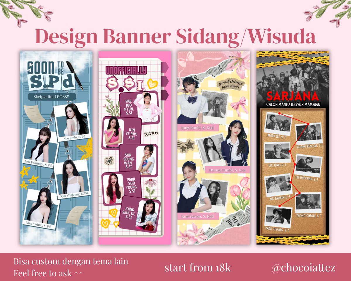 Haloo semuaa~ aku buka jasa desain banner buat sidang &amp; wisuda yaa 🌷

Yang mau banner nya pinterest-able bisa ke akuu 💕 start from 18k aja buat katalog ini. Kalau custom tema lain start from 25k yaa

Bisa bayar pake spay/dana/qris, makasiih 🫶 #zonauang