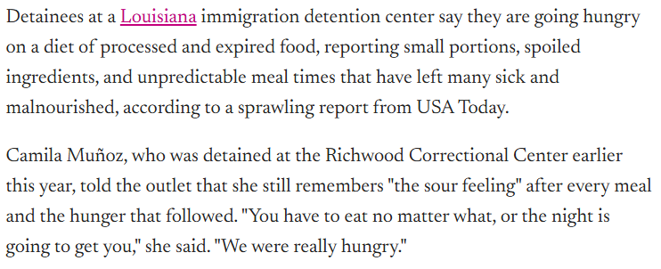 TheWarMonitor's tweet image. Women detained at Louisiana’s Richwood ICE facility say they’re going hungry on tiny portions of processed or expired food, often without fresh fruit for months. ICE data shows 97% of the women held there had no criminal record. (LT)