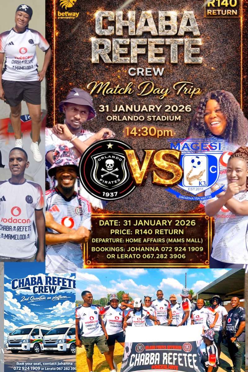 Join our trip for a TRIP OF A LIFETIME
<a href="/Blacknation_25/">BLACK NATION MARKETING</a> 
<a href="/orlandopirates/">Orlando Pirates</a> 
<a href="/makwande_m/">STAR.</a> 
<a href="/BetwayPrem_SA/">Betway Premiership</a>