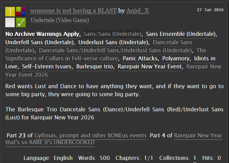Happy Anniversary UnderLust

my 5th submission for <a href="/rarepairnewyear/">RarepairNewYear</a>  is dedicated to UnderLust with <a href="/kamari333/">kamari333</a>  Burlesque trio Dancetale Sans/Underfell Sans/Underlust Sans (Undertale)

archiveofourown.org/works/78299351

#rarepairnewyear #rarepairnewyear2025