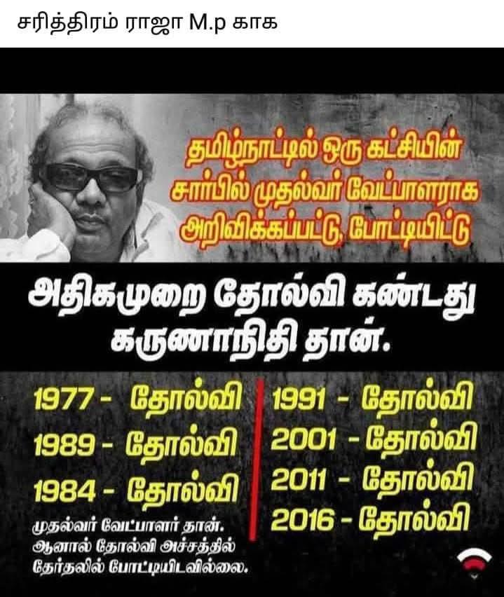 சோனியா காந்தி யாருடன் கூட்டணி வைத்தார் என்று தெரியுமா? 

The Great "78 தோல்வி கருணாநிதி". 

தமிழ்நாட்டில் அதிக தோல்விகளை சந்தித்த சரித்திர நாயகன்.