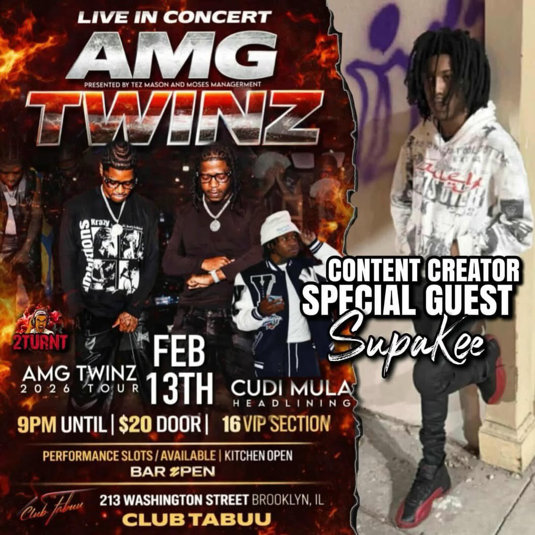 Peoria YouTuber SupaKee will be a special guest at the <a href="/AmgTwinz/">amg twinz</a> tour concert at Club Tabuu in Brooklyn on February 13th with therealmuly and many more performing live‼️ 🔥 DM cortezmason49 for any questions and inquiries!
