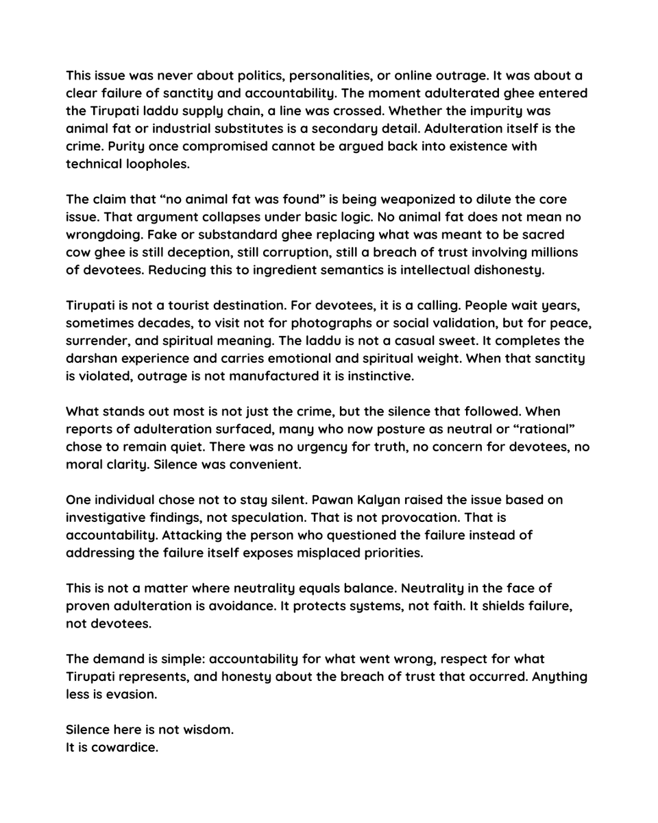 #TirupatiLaddu
#LadduAdulteration
#TTD
#Accountability
#TempleTrust
#FaithMatters
#PawanKalyan
#JanaSena
#SpeakUp
#SilenceIsCowardice