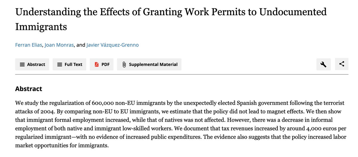 JuanLuis_JG's tweet image. ¿Qué efectos tuvo la regularización de 600.000 inmigrantes en España en 2004?

1⃣No tuvo efecto atracción.
2⃣Aumentó empleo formal de inmigrantes.
3⃣No afectó empleo nativos.
4⃣Aumentaron ingresos públicos en 4.000€ por inmigrante, sin aumentos de gasto público significativo.