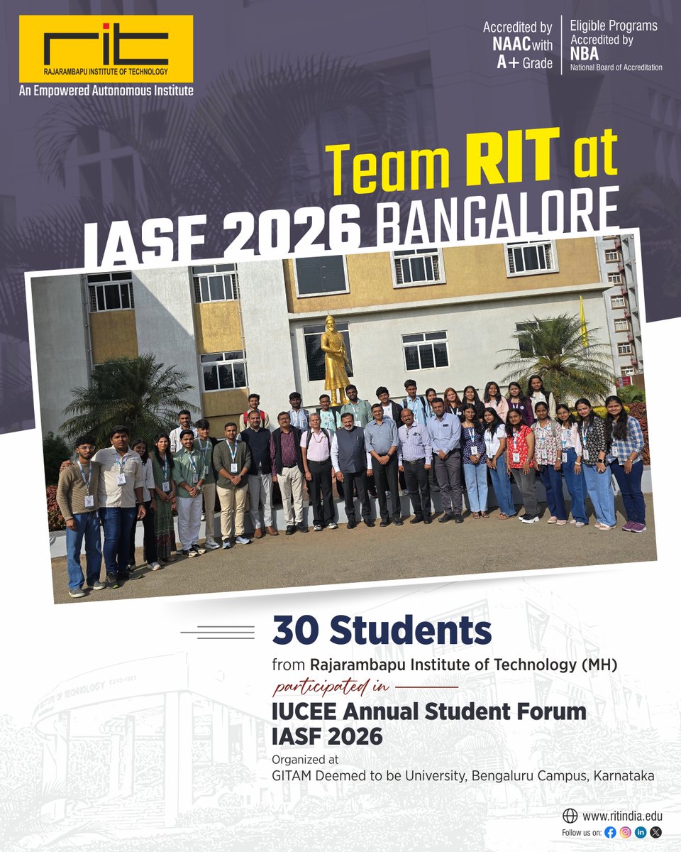 ritindia1983's tweet photo. Proud moment for Team RIT! ๐โจ
30 students from Rajarambapu Institute of Technology participated in the IUCEE Annual Student Forum (IASF) 2026 at GITAM, Bengaluru.#TeamRIT #IASF2026 #IUCEE #RITRajaramnagar #StudentLeadership https://t.co/TJNQqkOjeF