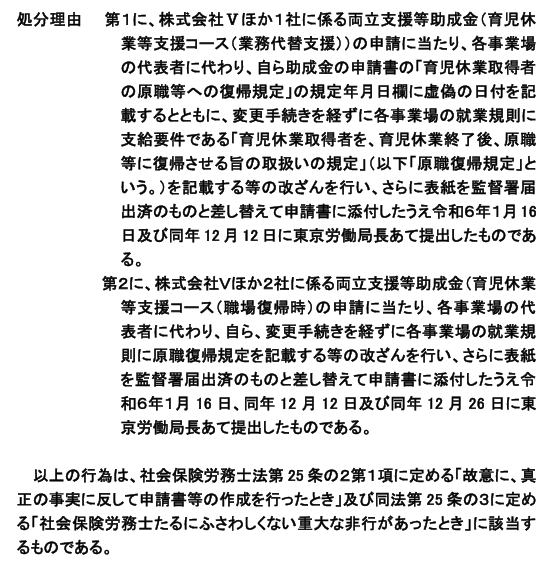 社会保険労務士直近の懲戒処分事案からですが、両立支援等助成金の活用の際には原則、休業後の「原職復帰規定」が必要になります
厚生労働省の簡易版では無いので、詳細版の使用が良いです
育児介護休業規程で不足条項があったとしても、支給申請後に修正周知することで要件を満たすこともあります