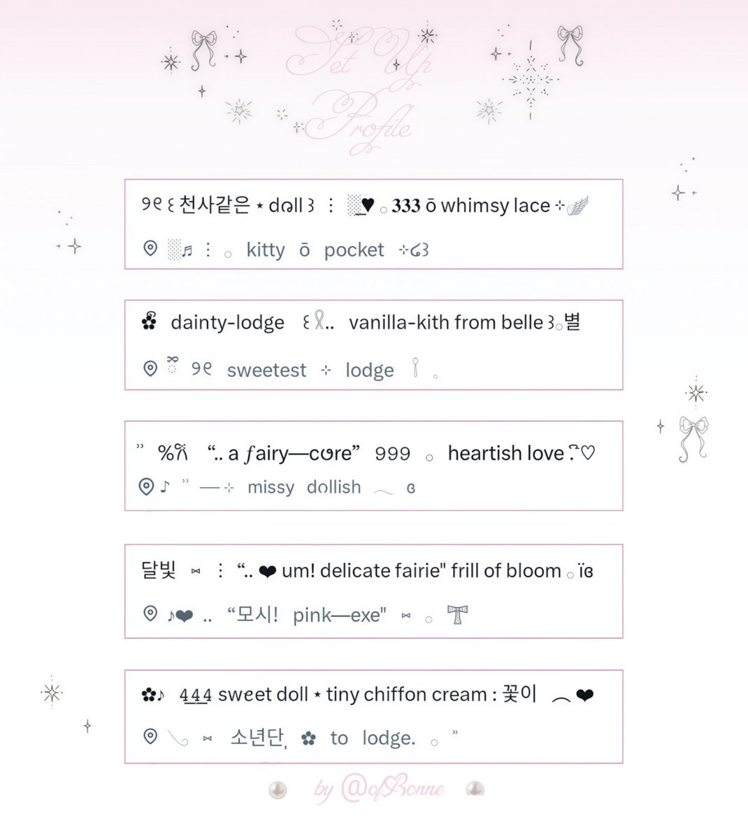 OfBonne's tweet image. ⠀
♬♡⠀a⠀repost⠀is ⠀delightful,⠀xx

⋆ 사랑스러운 ⠀🎀 ࣭ິං 🕯️ 𓂂 ïɞ i bring tons of bio and loc wording for cutie fellas, you can grab any 4.5OO each and please kindly check ALT!

much— love, B. 𓈒゛❤︎𓂂
⠀