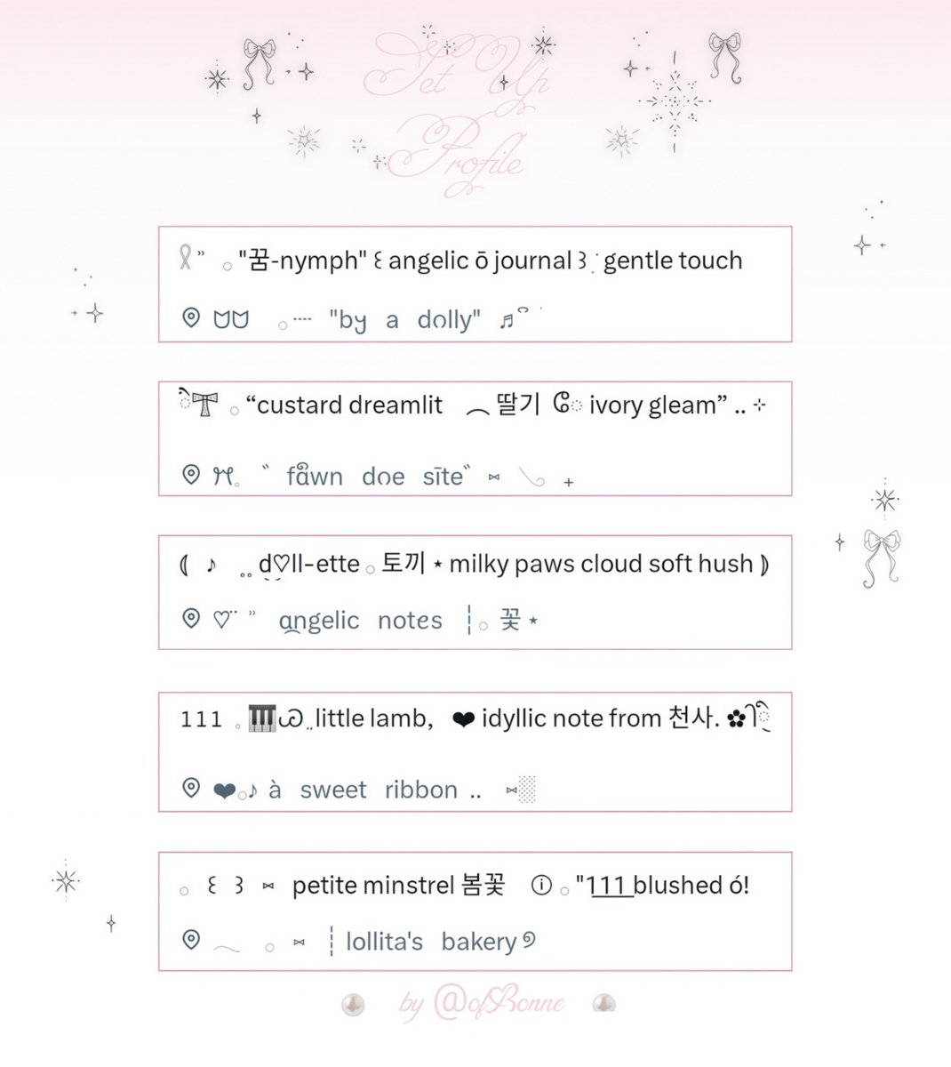 OfBonne's tweet image. ⠀
♬♡⠀a⠀repost⠀is ⠀delightful,⠀xx

⋆ 사랑스러운 ⠀🎀 ࣭ິං 🕯️ 𓂂 ïɞ i bring tons of bio and loc wording for cutie fellas, you can grab any 4.5OO each and please kindly check ALT!

much— love, B. 𓈒゛❤︎𓂂
⠀
