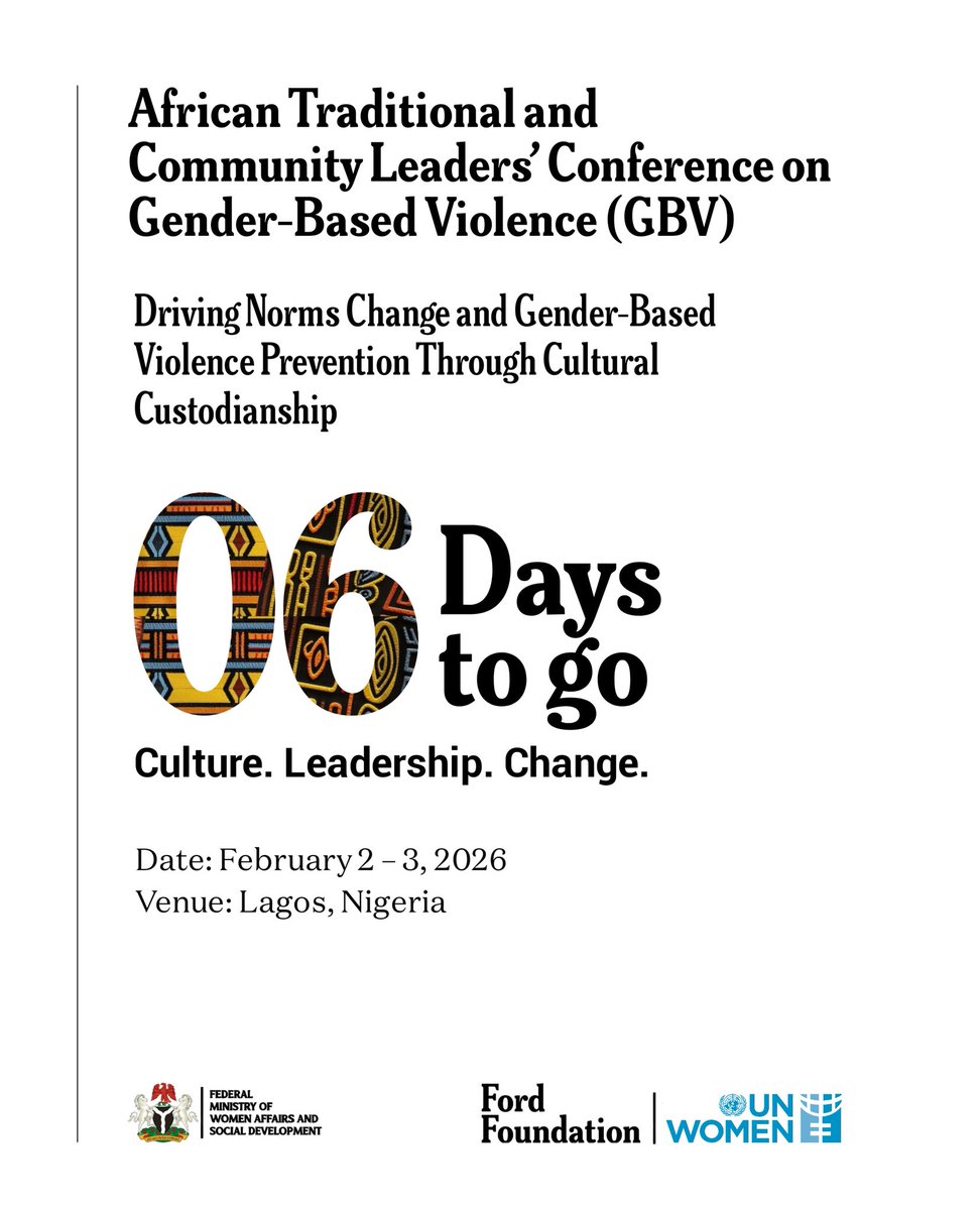 PNewstide's tweet photo. Ending GBV Through Culture, Leadership, and Unity

Join traditional leaders from across Africa in Lagos, Nigeria, on February 2-3, 2026, for the African Traditional and Community  Leaders' Conference on Gender-Based Violence (GBV). Together, let's challenge harmful norms, promote cultural custodianship, and drive sustainable prevention.

The conference aims to bring together traditional leaders to address GBV, leveraging their influence to promote positive change and protect women's rights. Traditional leaders play a crucial role in shaping community norms and can significantly contribute to preventing GBV.

#CultureForChange #AfricanCustodiansEndGBV