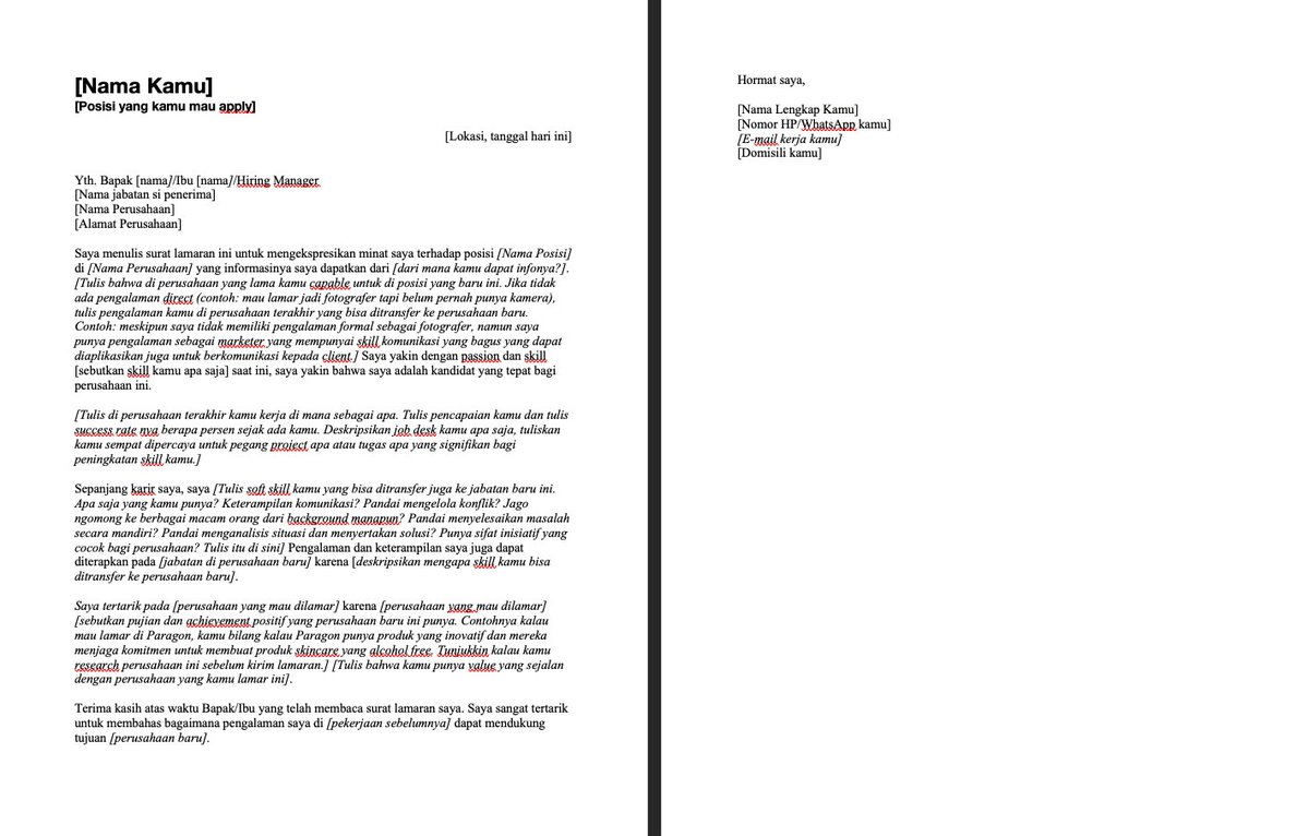 <a href="/ayaayazz05/">ayaaaaa🌟</a> @m00ncherry Ini aku kasih template surat lamaran dan template CV yang ATS friendly, bisa kalian pakai ke perusahaan manapun, dan yang pasti akan dinotice sama HR. Ini link nya: dropbox.com/scl/fo/k8x7v9m…

Catatan penting:
1. Maksimal satu (1) halaman aja;
2. Jangan typo;
3. Jangan